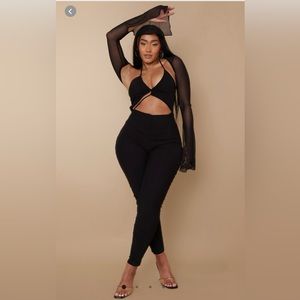 Shape black mesh lace up detail overlay jumpsuit